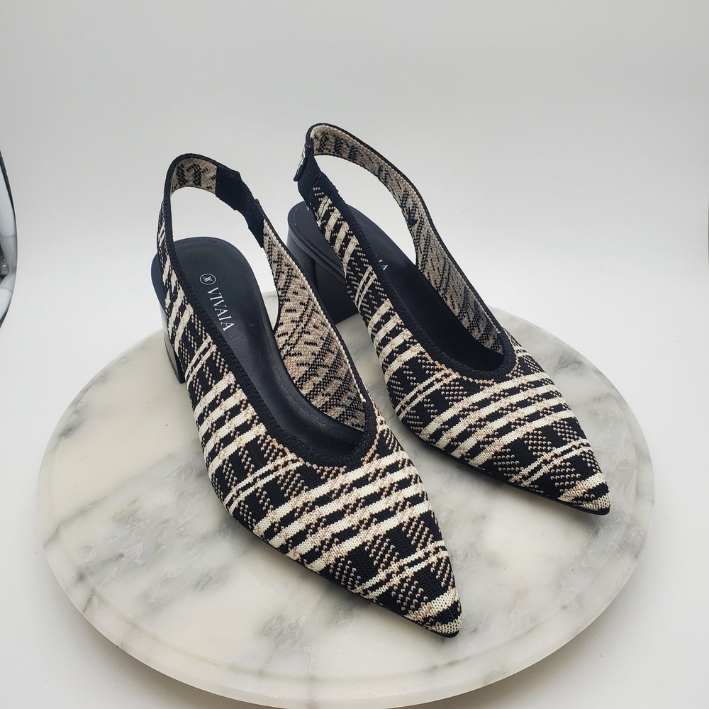 VIVAIA Pointed Toe Slingback Block Heels Black Beige Plaid Knit Shoes EU 35 US 5